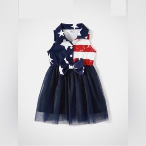 Girl Independence Day 4th of July American Flag Spliced Mesh Navy Blue TankDress